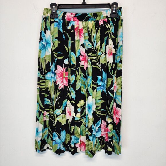 Vintage Alfred Dunner Floral Pleated Midi Skirt Size 12P Elastic Waist Tropical - Picture 2 of 11